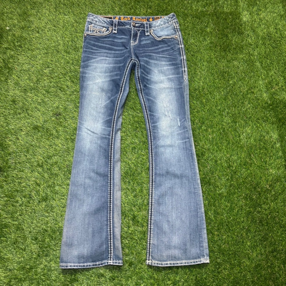 Rock Revival Neela Bootcut Jeans Size 28 Medium Wash Distressed Fleur De Lis Y2K